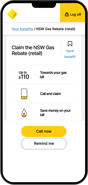 cba mobile phone screenshot "Claim the NSW Gas Rebate (retail)"